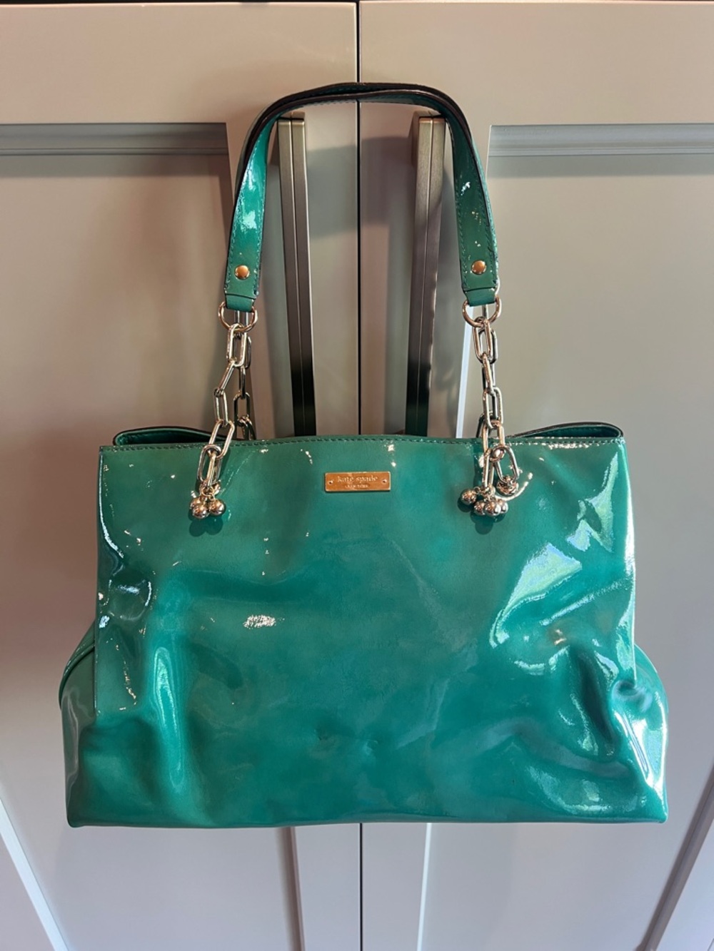 Kate Spade Vintage Teal Patent Leather Tote with Gold Chain Accents